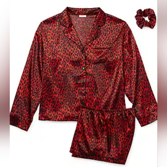 Ambrielle 3 Piece Pajama Set, Short Set & Scrunchie, Red & Black Leopard Print - Picture 5 of 9